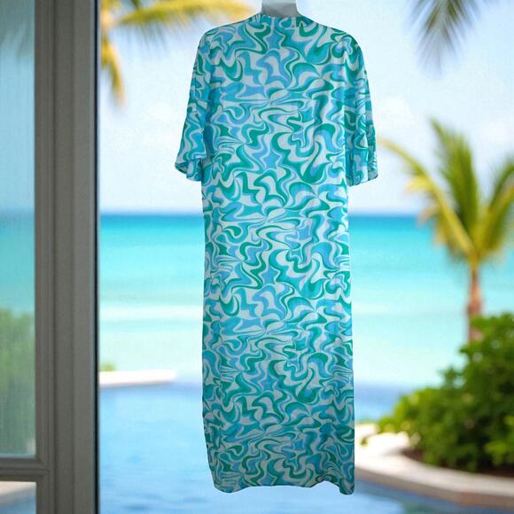 Addison Bay Blue Green Wave Print Cotton Caftan Dress XS Resort Beach Cover Up - Picture 2 of 11